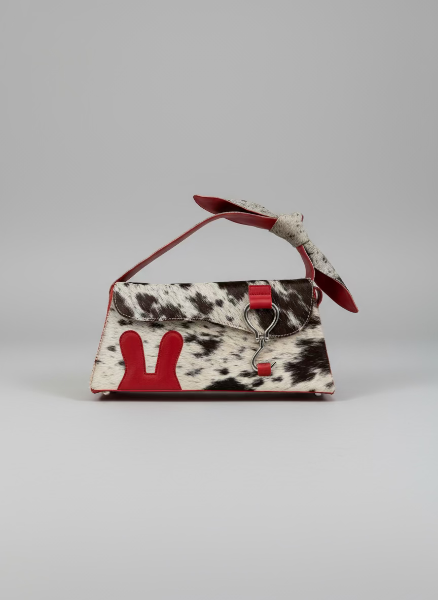 Handbag with cow print pattern and red accents on a gray background